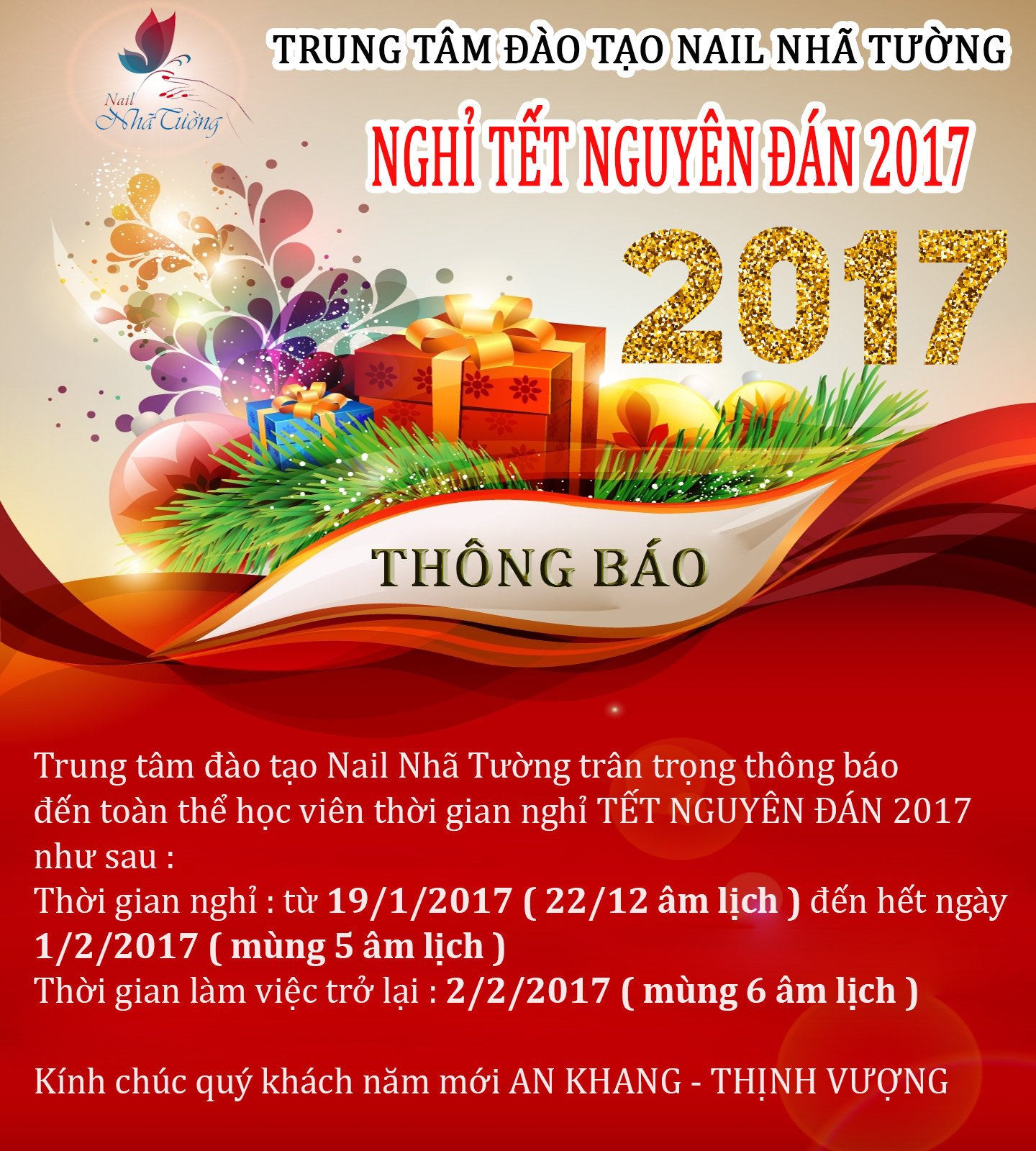 Thông báo lịch nghỉ tết nguyên đán 2017